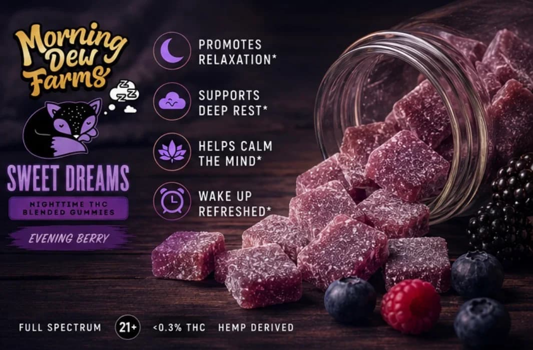 Sweet Dreams promo panel: the pouch pouring dark berry gummies out of a jar, with icons for promotes relaxation, supports deep rest, helps calm the mind and wake up refreshed.