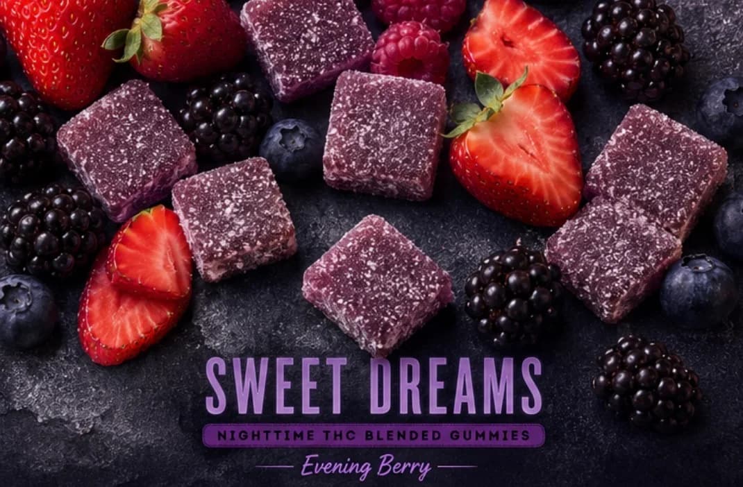Square dark-berry Sweet Dreams gummies among fresh blackberries, raspberries and strawberries.