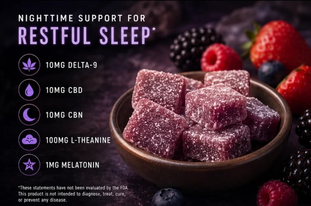 Nighttime support panel listing 10mg delta-9, 10mg CBD, 10mg CBN, 100mg L-theanine and 1mg melatonin beside a bowl of sugared berry gummies.