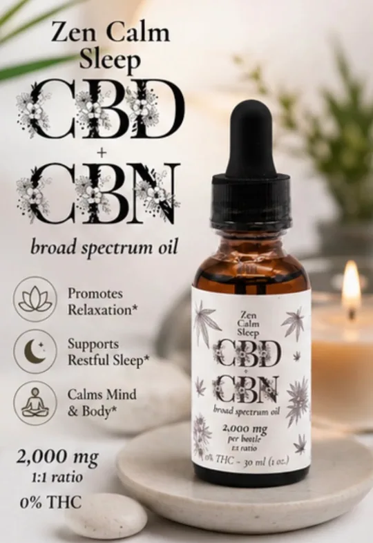 The Zen Calm Sleep bottle on a round stone tray with a lit candle behind it and greenery out of focus.