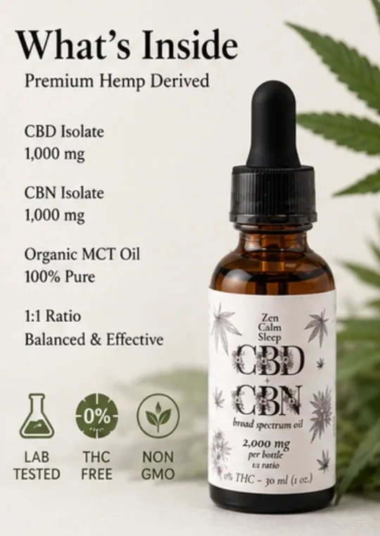 The bottle beside a hemp leaf on a cream background, next to a list of what is inside the formula.